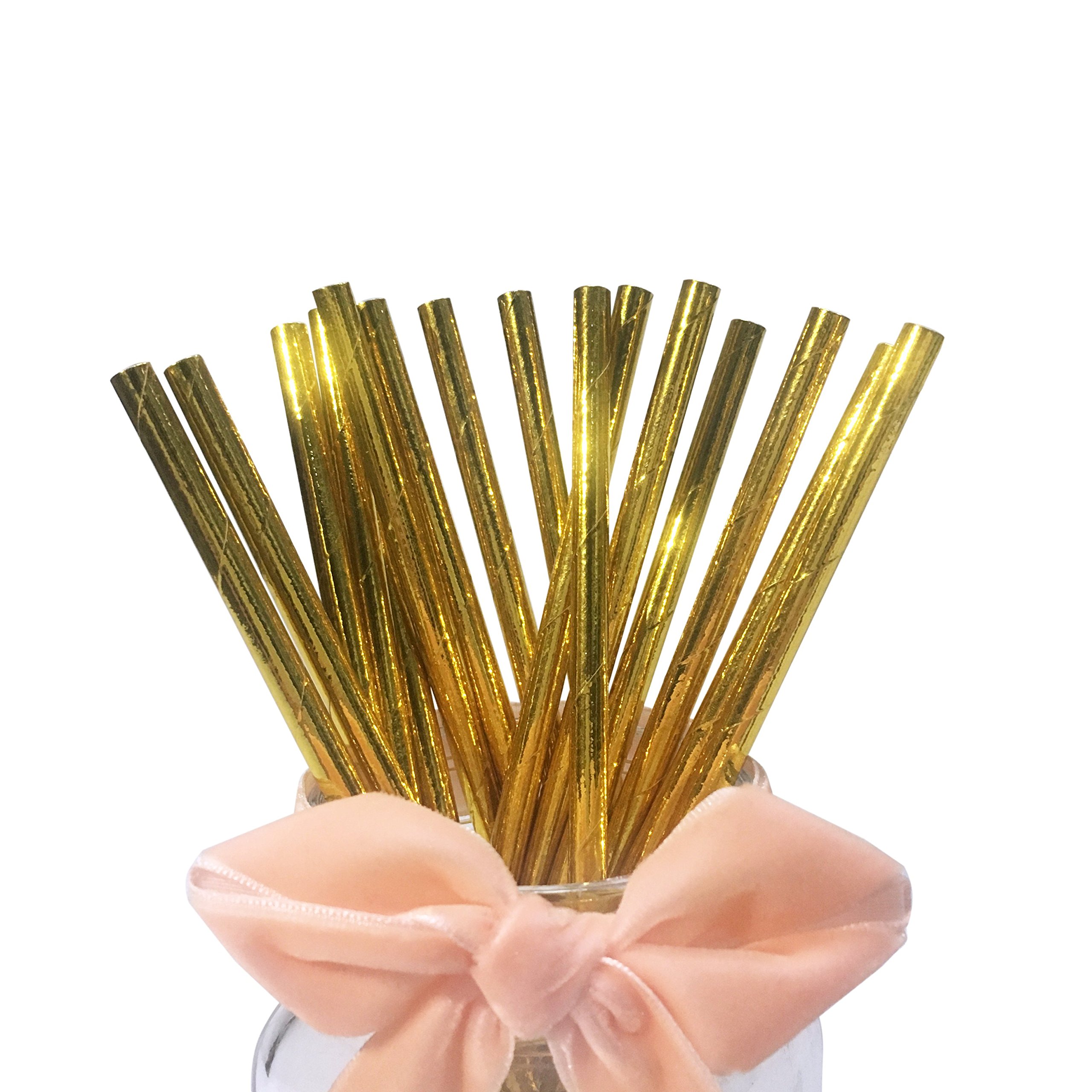 Metallic Gold Drinking Straws, Dipsoable Golden Paper Straws for Wedding, Birthdays, Everyday, Party, 100 Pack Aureate Straws