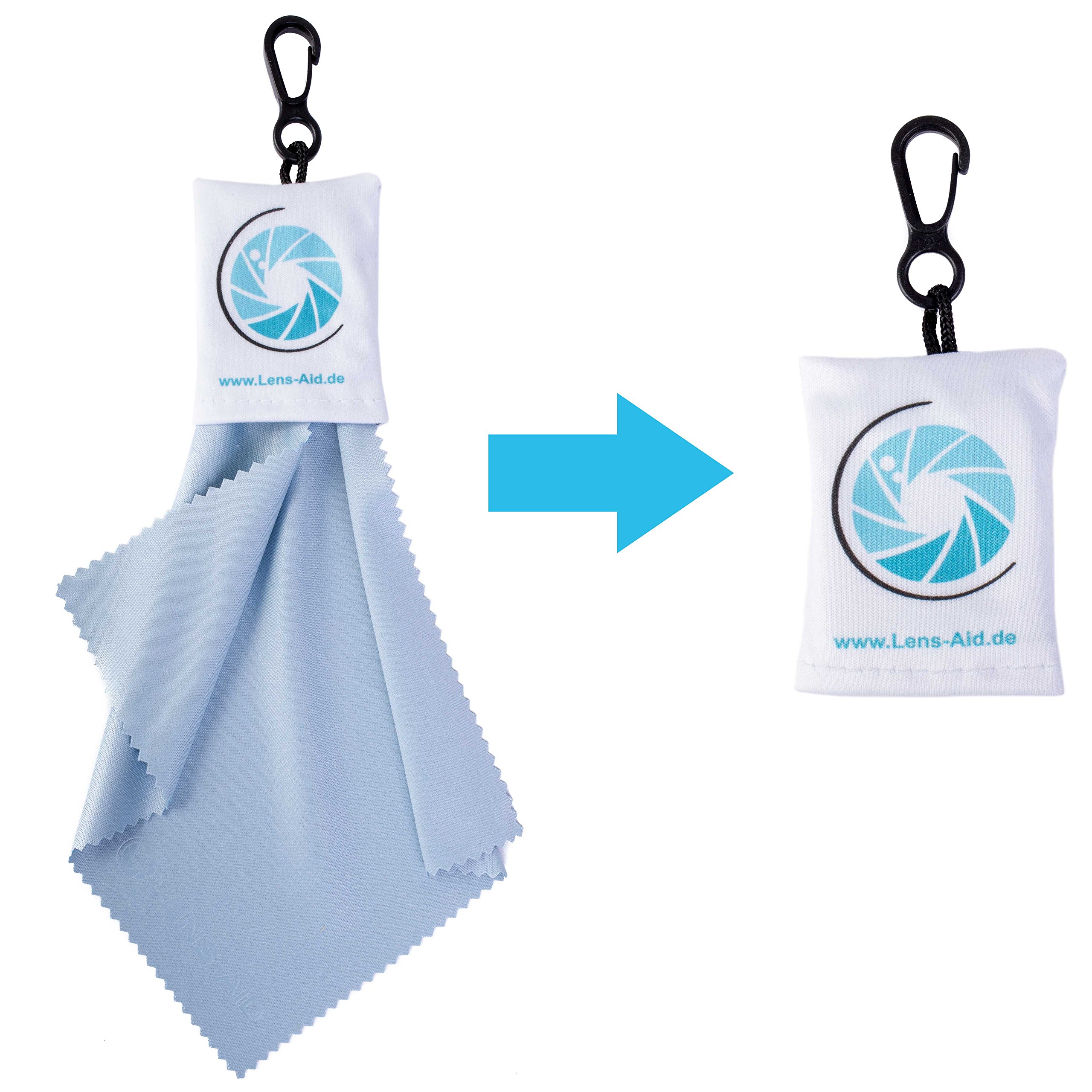 Mikrofaser Reinigungstuch mit Aufbewahrungsbeutel und Karabiner von Lens-Aid: Für Kamera, Objektiv, Display, Notebook, Smartphone und als Brillen-Putztuch zur Reinigung (1x Mikrofasertuch)