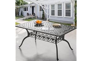 NUU GARDEN 60" Outdoor Dining Table with 2.09" Umbrella Hole, All Weather Cast Aluminum Outdoor Patio Table, 6-8 Person Rectangle Dining Table, Backyard Bistro Table for Garden, Poolside, Black