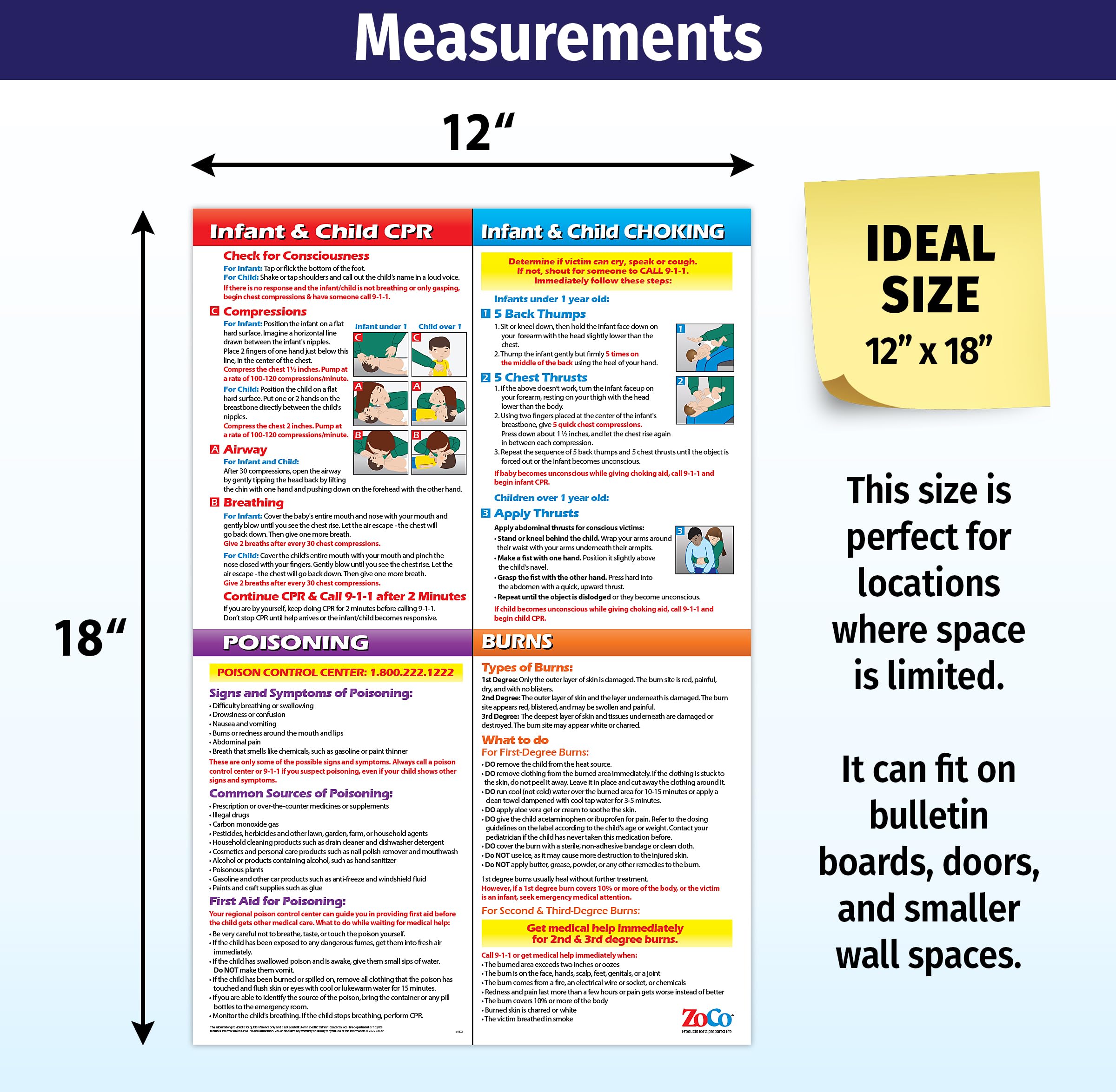 ZOCO – Infant & Child First Aid Poster – Home Daycare Essentials – Laminated 12x18 – CPR, Choking, Poison & Burn Chart – Emergency Safety Sign for Childcare & Infant Rooms