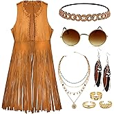 FEYIR 60s 70s Outfits for Women Hippie Disco Costume Boho Fringe Vest Clothes for Halloween Party Hippie Accessories Set