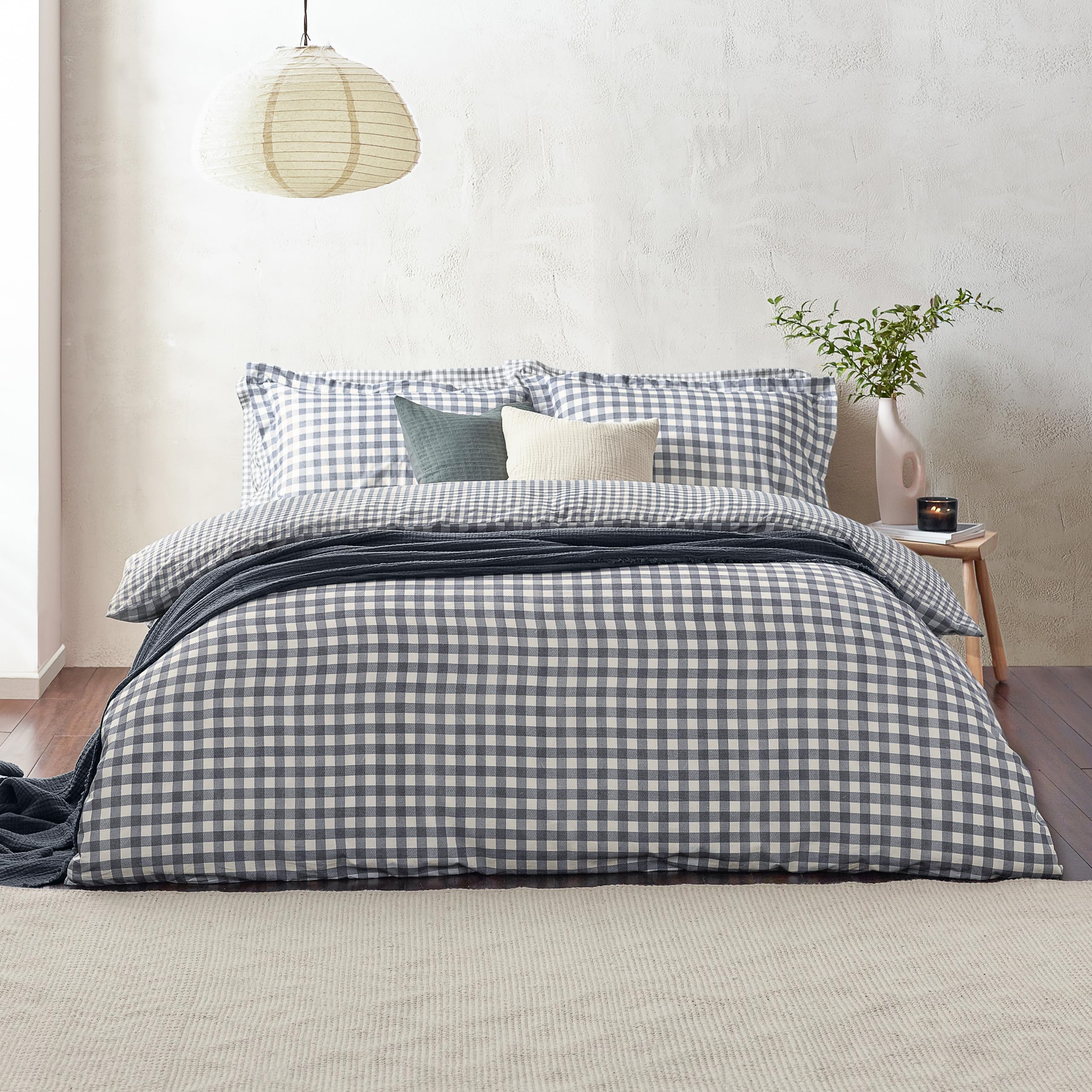 Yard Barton Gingham Check Duvet Cover Set - 100% Cotton, Reversible, Oxford Pillowcases, Soft & Breathable Premium Bedding (King - Navy)
