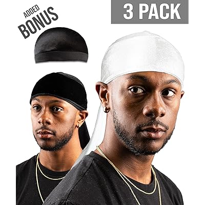 Premium Velvet Durag For Men by Royal Waves | Pack Of 3 | White &amp; Black Wave Caps + Bonus Dome Cap | Extra Long &amp; Wide Straps, One Size Fits All | Deluxe Supreme Rags For 360 Waves &amp; Wavebuilder