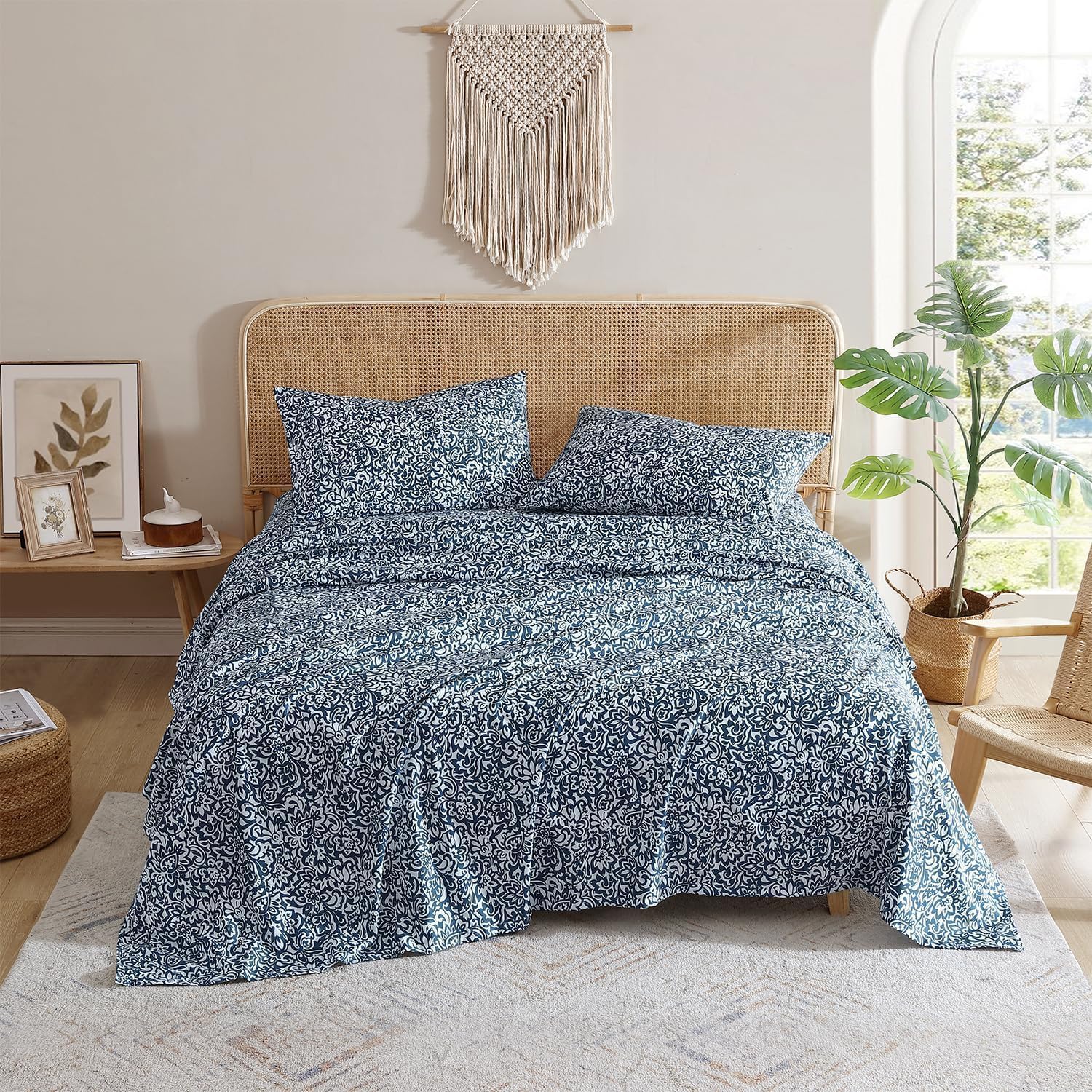 Photo 1 of Indigo Ink - Full Size Sheet Set, 4-Piece Boho Floral Damask Patterned Bedding, Soft & Wrinkle Resistant (Tufted Medallion Collection, Navy Blue)