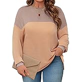 Cakrisyal Womens Plus Size Sweatshirt Color Block Side Split Long Sleeve Crewneck Casual Loose Pullover Shirt Top