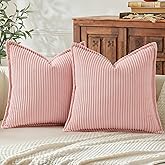 Mecatny Corduroy Spring Throw Pillow Covers 18x18 Set of 2, Neutral Decorative Soft Boho Couch Pillow Covers with Broadside for Sofa Living Room, Pink