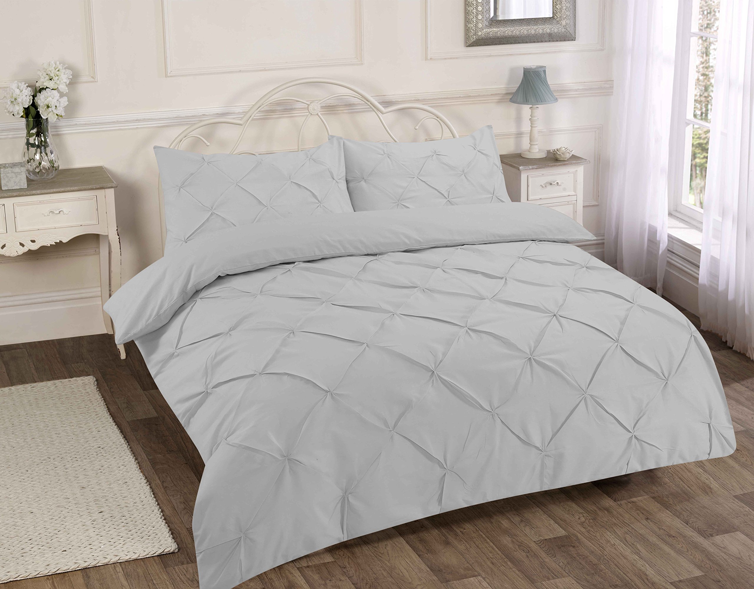 RAYYANLINEN 3PCs PINTUCK PLEATED DUVET COVER BEDDING SET WITH PILLOWCASES (Grey Silver, KING)
