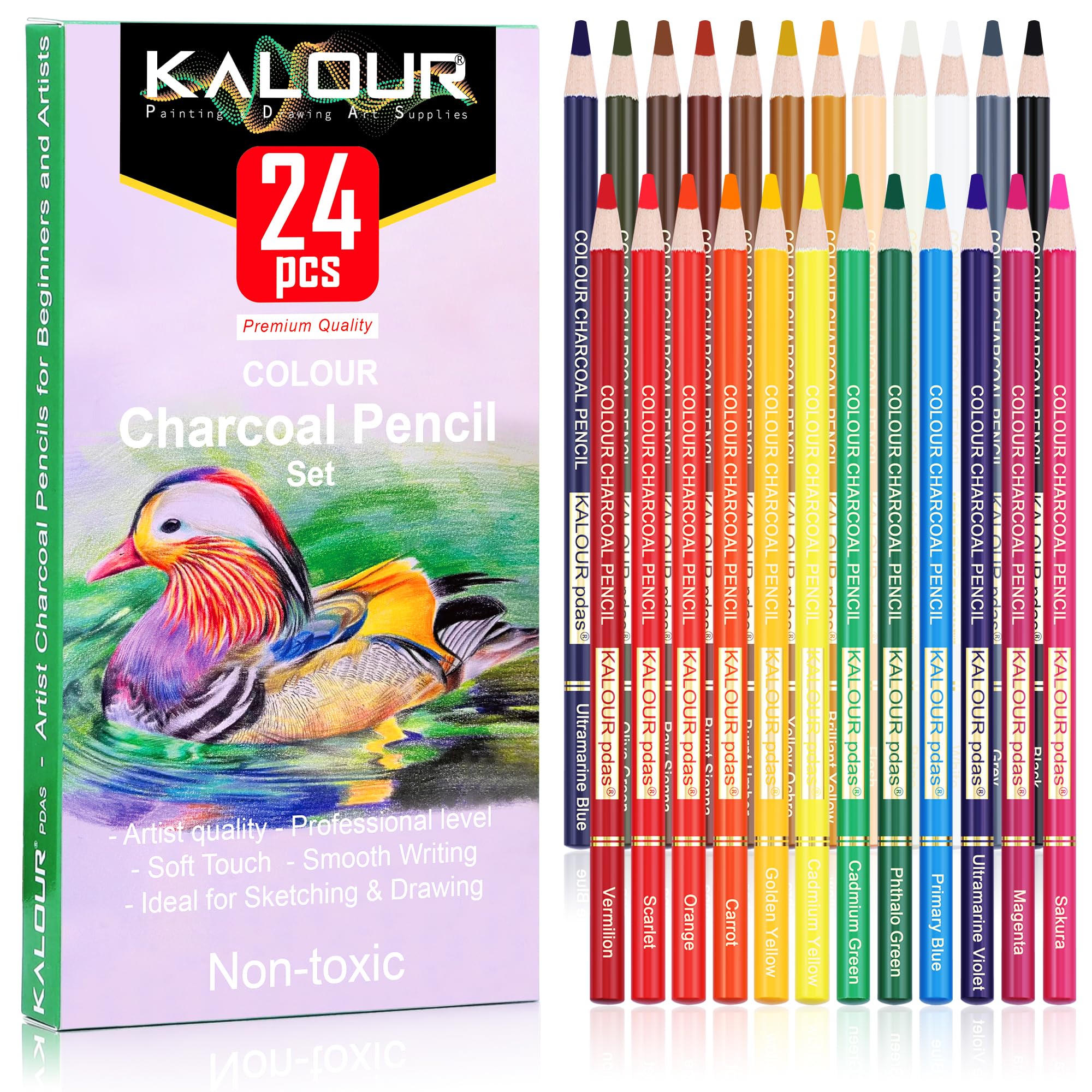 KALOUR PDAS 24 Premium Coloured Charcoal Pencils Drawing Set, Quality Pastel Chalk Pencils, for Colouring, Sketching, Drawing, Layering & Blending for Beginners, Artists