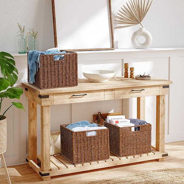 WICKER STORAGE BASKET – LARGE 12X12X10IN CUBE, WOVEN WICKER FOR SHELVES, PANTRY, KITCHEN & BATHROOM ORGANIZATION (BROWN)