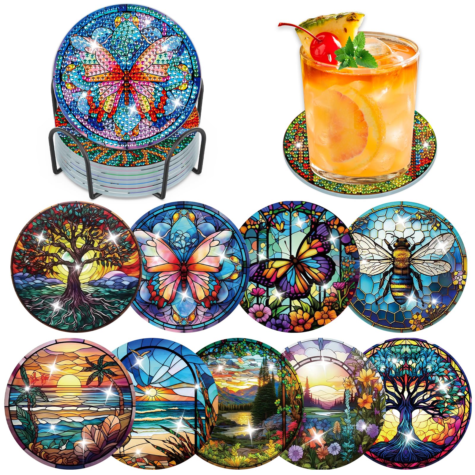 Glass Coasters Set of 9 Tinted Glass Coasters with Stand for Adults Kids Beginners DIY Crafts Gifts for Women Girls Kids