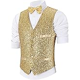 Pixiemain Sequin Vest Party Formal V-neck Shiny Waistcoat Bowtie Set for Wedding Events Mardi Gras St Patricks day Carnival