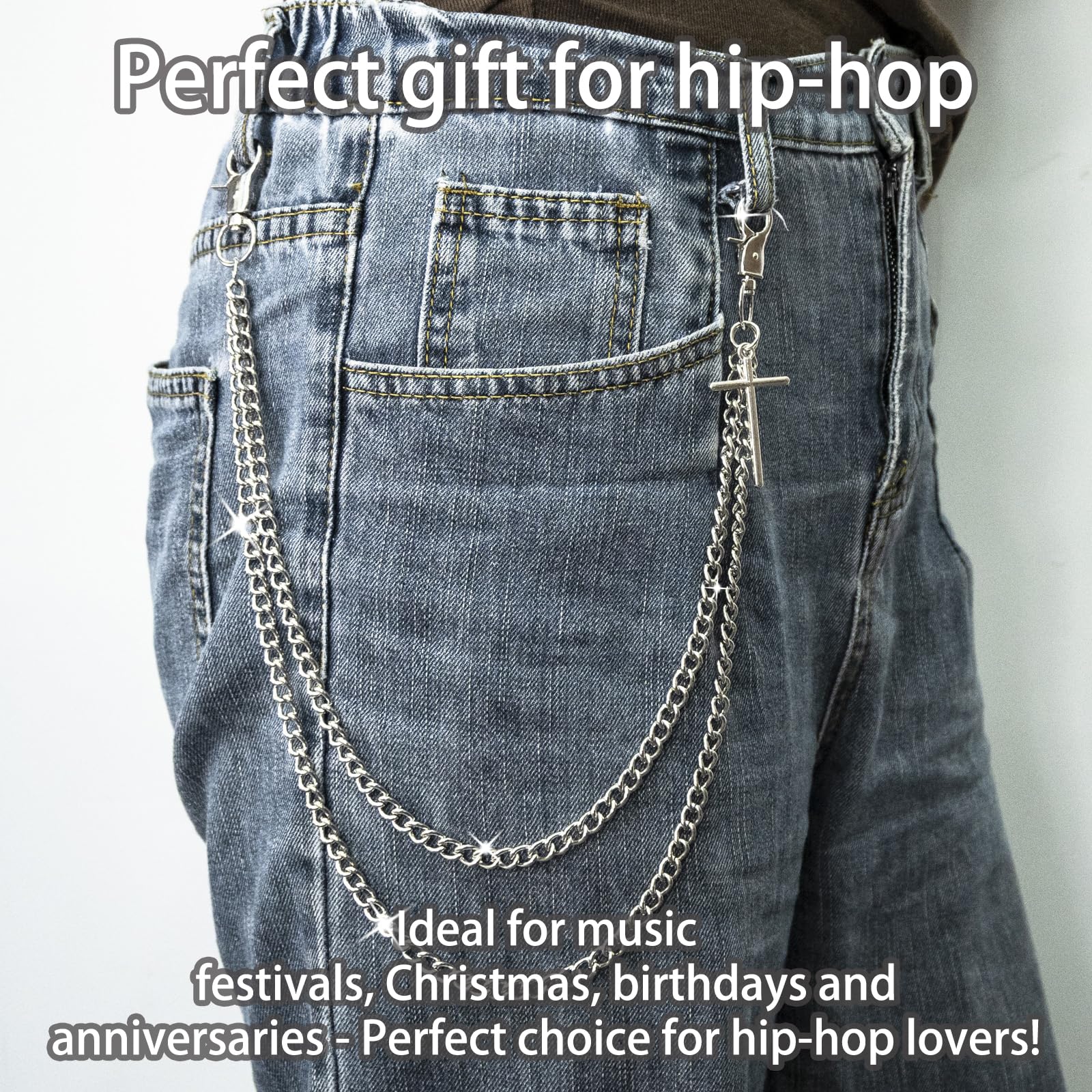 ICHRATI Punk Biker Wallet Chain for Men & Women - Stainless Steel Cross Pants Pocket Keychain, Durable Jean Chain Belt Hip Hop Accessory for Jeans & Belts with Lobster Clasp