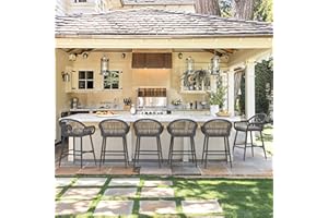 COZYMAN Outdoor Bar Stools Set of 6, 26.8" H Rattan Outdoor Counter Height Bar Stools, Woven Rope Backrest & Armrest Outdoor Patio Bar Chairs with Aluminum Legs for Kitchen, Slate Gray