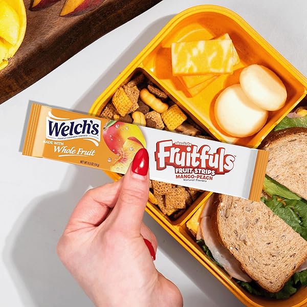 WELCH’S ABSOLUTE FRUITFULS FRUIT STRIPS, TASTY DRIED FRUIT SNACKS FOR SCHOOL LUNCHES, MANGO PEACH, 0.5OZ (PACK OF 10)