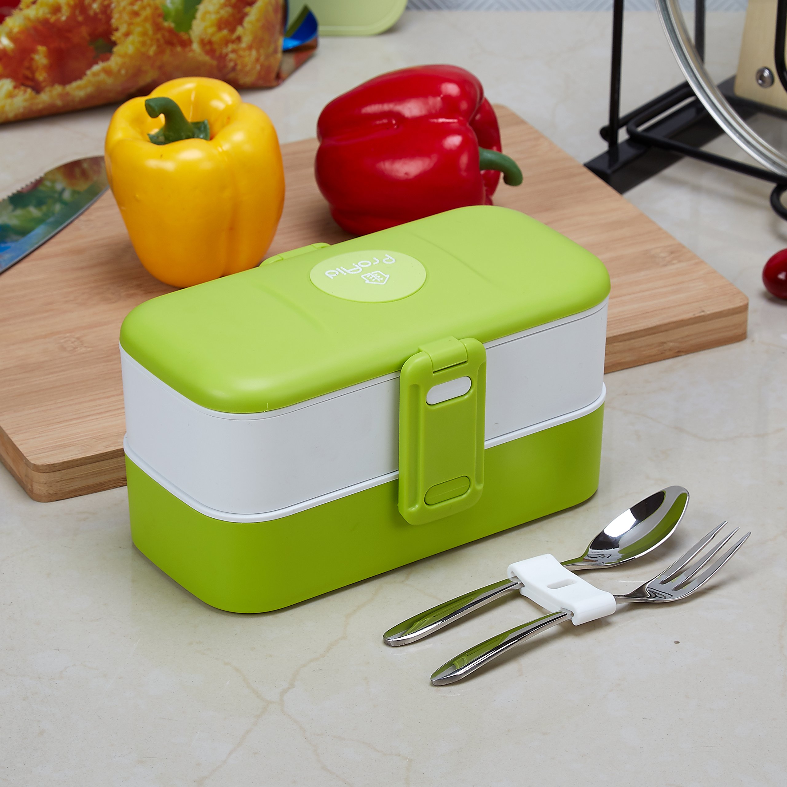 ProAid Bento Lunch Box, Leakproof Bento Box with Stainless Steel Silverware and 2 Layers Design Lunch Box, BPA Free Safe for Fridge and Dishwasher, Green ?-