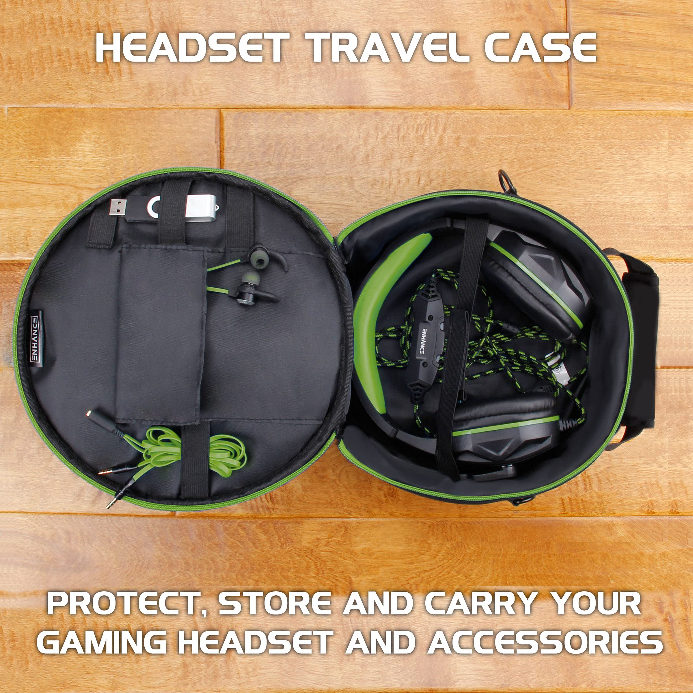 ENHANCE Portable Headphone Case for Wired & Wireless Headsets - Universal Headset Case Compatible with Xbox, Beats, Bose & Gaming Headphones - Accessory Storage, Strap & Carrying Handle - Green