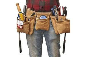RM 12 Pocket Leather Tool Belt with 2 Hammer Holders, Professional Carpenter Work Apron, Suede Leather Tool Belt for Construc