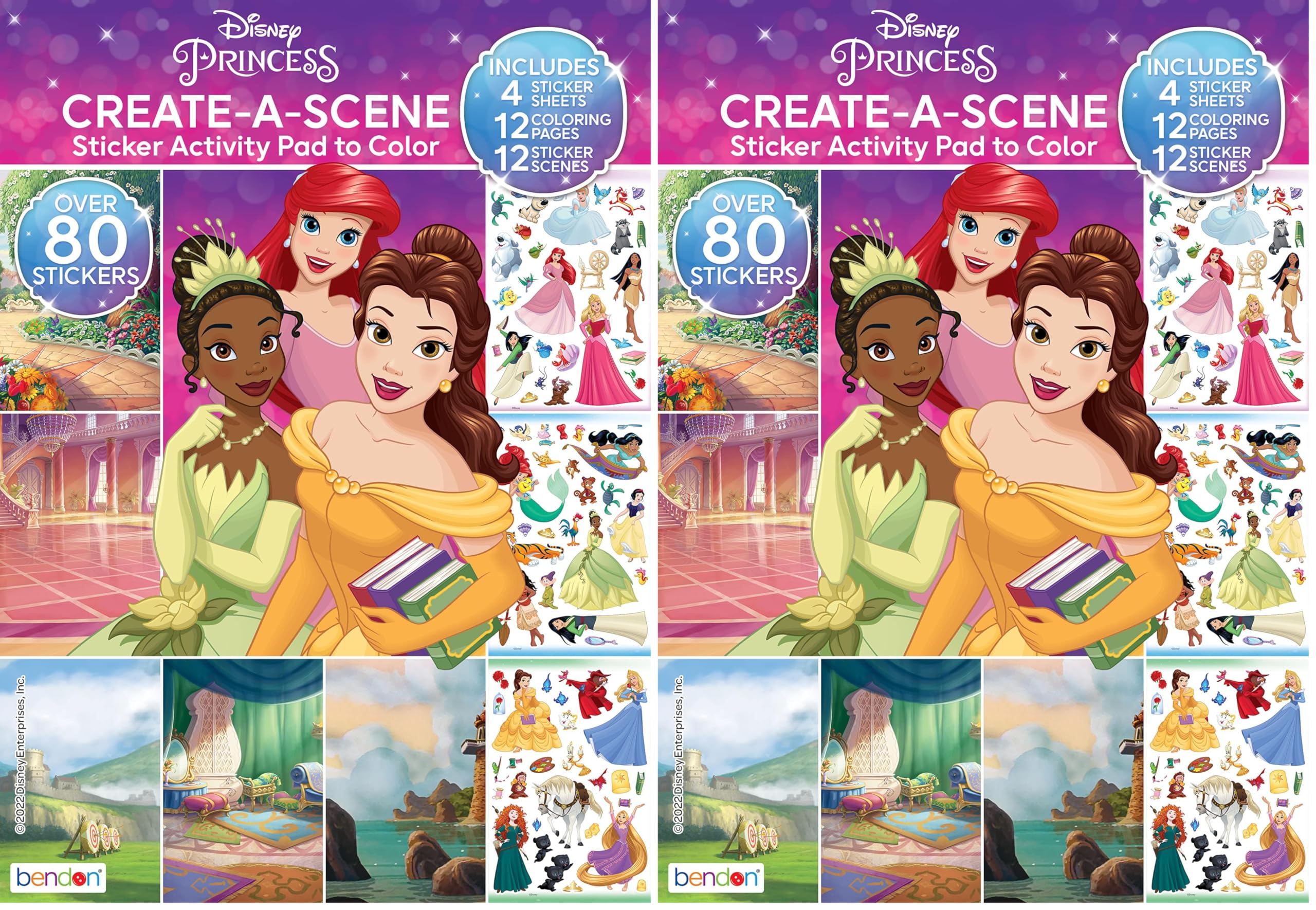 Bendon Disney Princess Create-A-Scene Over 80 Stickers Activity Pad to Color (Pack of 2)