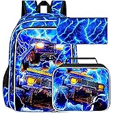 ZLYERT 17" Truck Backpack for Boy, 3Pcs Lightning Bookbag for Elementary Preschool Kindergarten, Kids School Thunder Backpacks with Lunch Box (Blue)