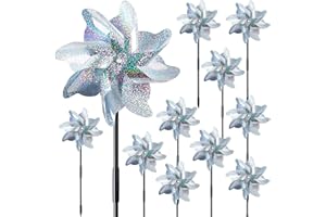 NOVWANG 16 PCS Reflective Pinwheels with Stakes, Extra Sparkly Pinwheels for Yard and Garden Pinwheels Bulk, Bird and Animal Deterrent Device to Scare Birds Away from Patio(Silver)