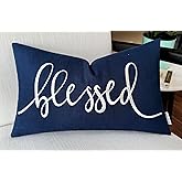 EURASIA DECOR Blessed Lumbar Pillow Cover 12x20 – Navy Blue Cotton Embroidered Throw Cushion – Christian Inspirational Faith Gift