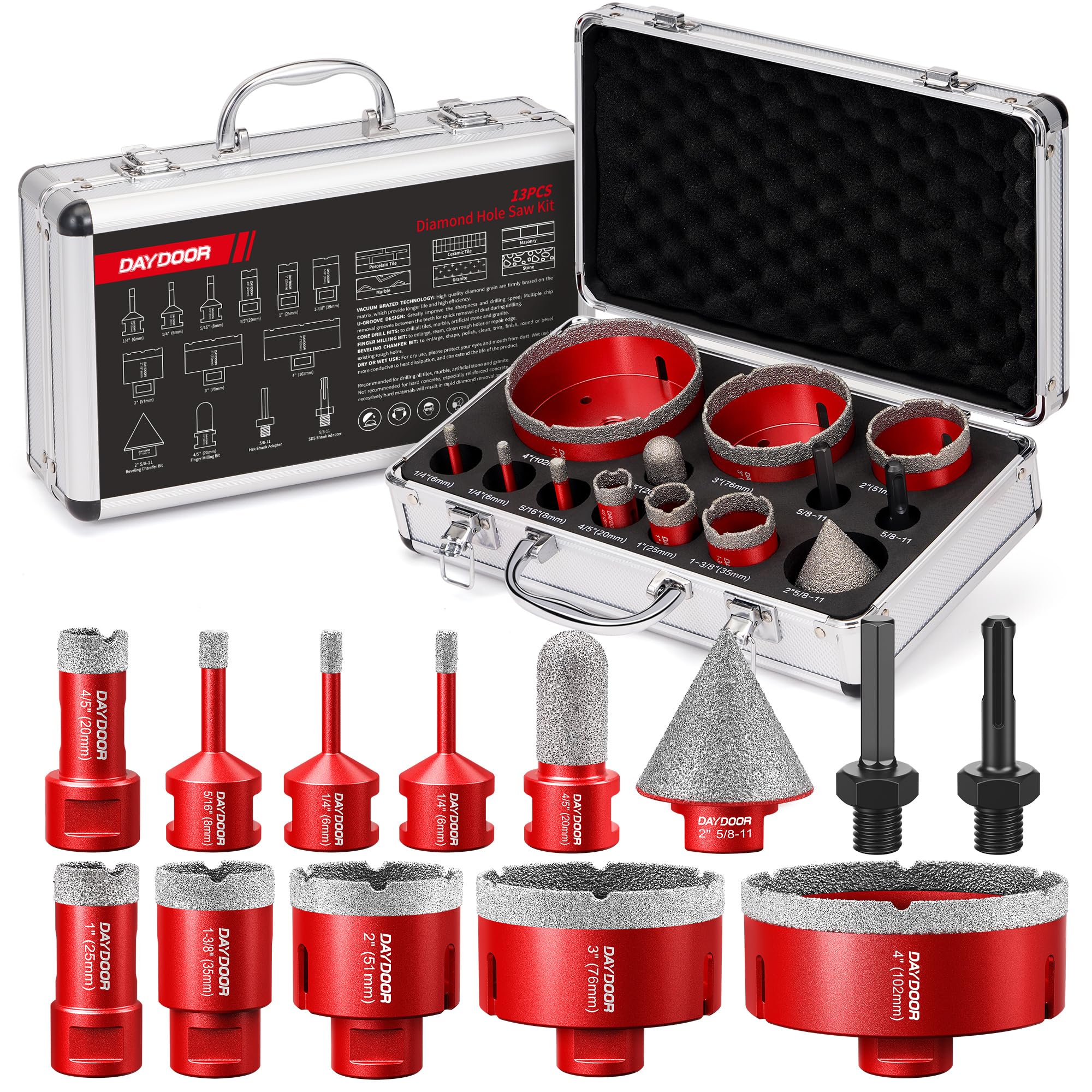 Photo 1 of DAYDOOR Diamond Hole Saw Kit, 13-Piece Tile Hole Saw Kit 1/4" 5/16" 4/5" 1" 1-3/8" 2" 3" 4",Vacuum Brazed Core Drill Bits for Porcelain Tile, Granite, Marble, Stone(Red)