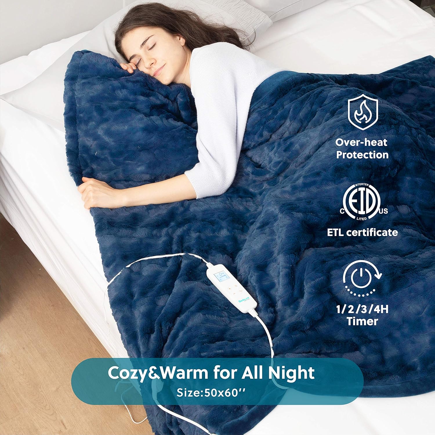 Bedsure Heated Blanket Throw Electric - with 6 Heat Setting, Fast - Heating Blanket 1/2/3/4 H Timer, Auto - Off, Low Voltage Fuzzy Super Soft Flannel Fleece Throw Blanket, 50 x 60 inch Navy Blue: Kitchen & Dining