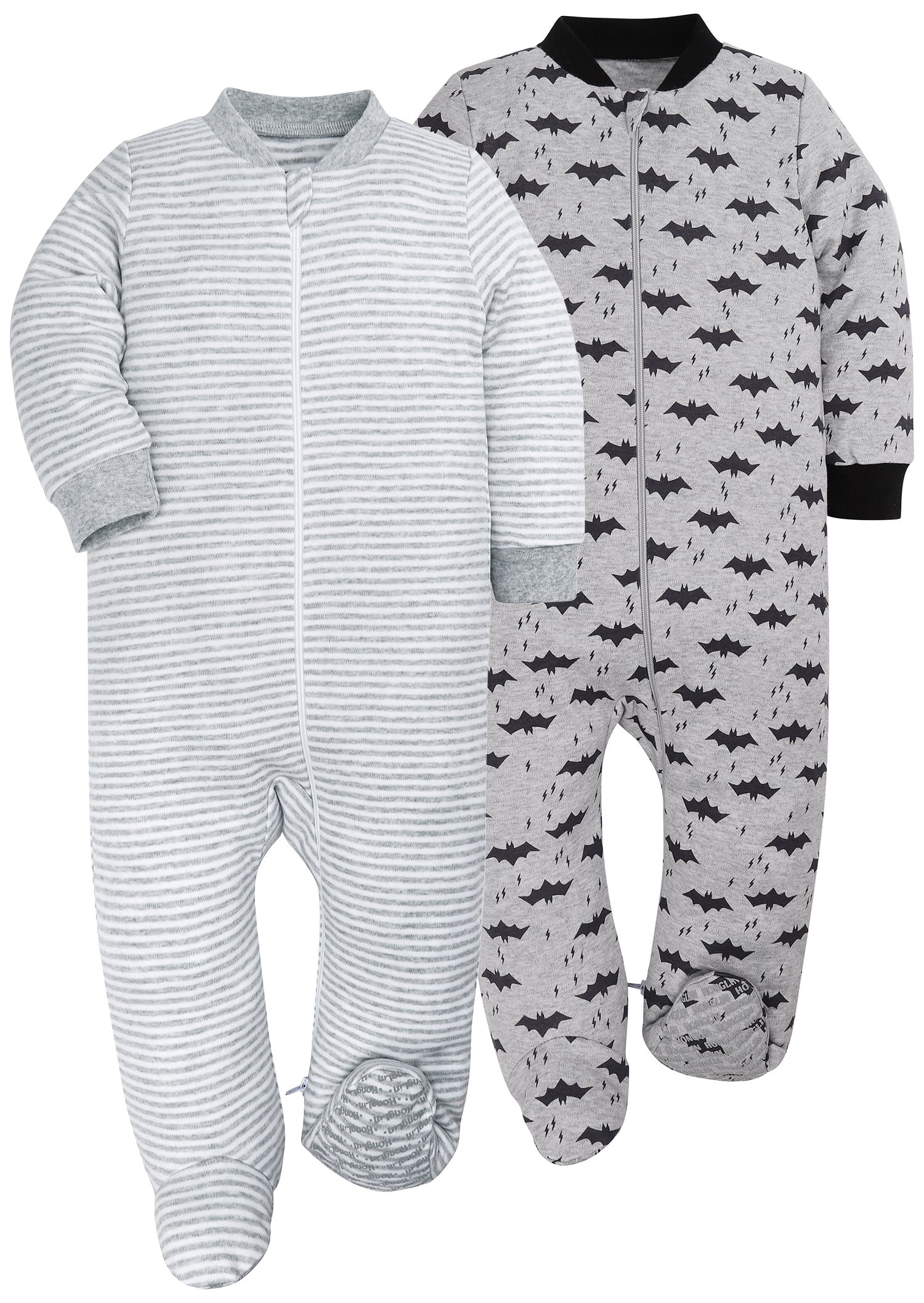 HONGLIN Baby Boys 2-Pack Footed Baby Pajamas Sleepers Rompers Striped and Printed Bat100% Cotton with Non-Slipping Sole