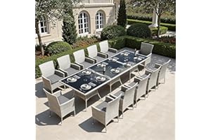 Sweecci Outdoor Dining Set, 15-Piece Patio Furniture Set with Tempered Glass Table and 12 Cushioned Chairs, Dual-Strand Wicker Rattan, Balcony Furniture for Backyard, Garden, Deck,– Gray