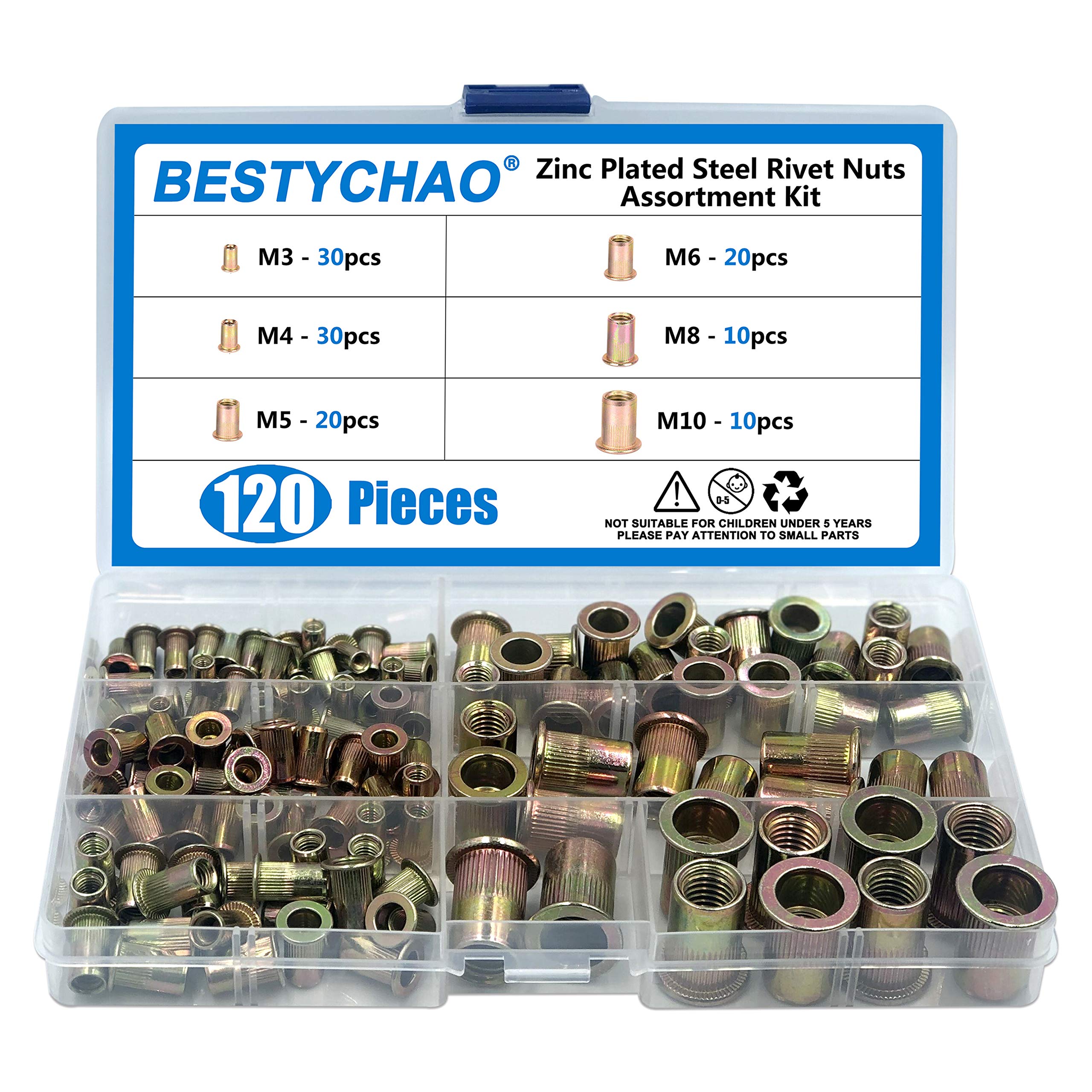 BESTYCHAO Rivet Nut, 120pcs Zinc Plated Steel Flat Head Threaded Insert Rivet Nut, Nutsert Rivnut Assortment Kit M3 M4 M5 M6 M8 M10