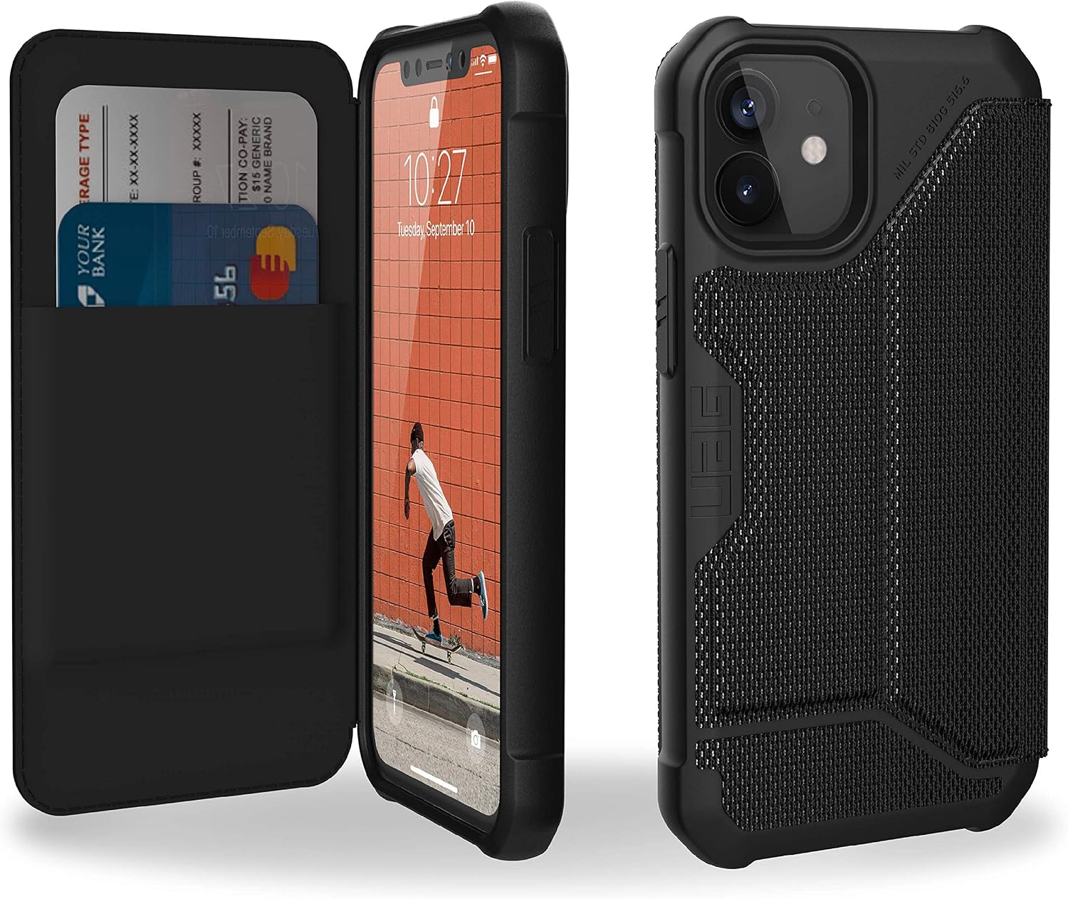 Urban Armor Gear UAG iPhone 12 Mini 5G - (5.4 inch) Flip Folio Cover with Card Slots and Viewing Stand Feather-Light Rugged Metropolis Protective Cover, FIBR ARMR Black