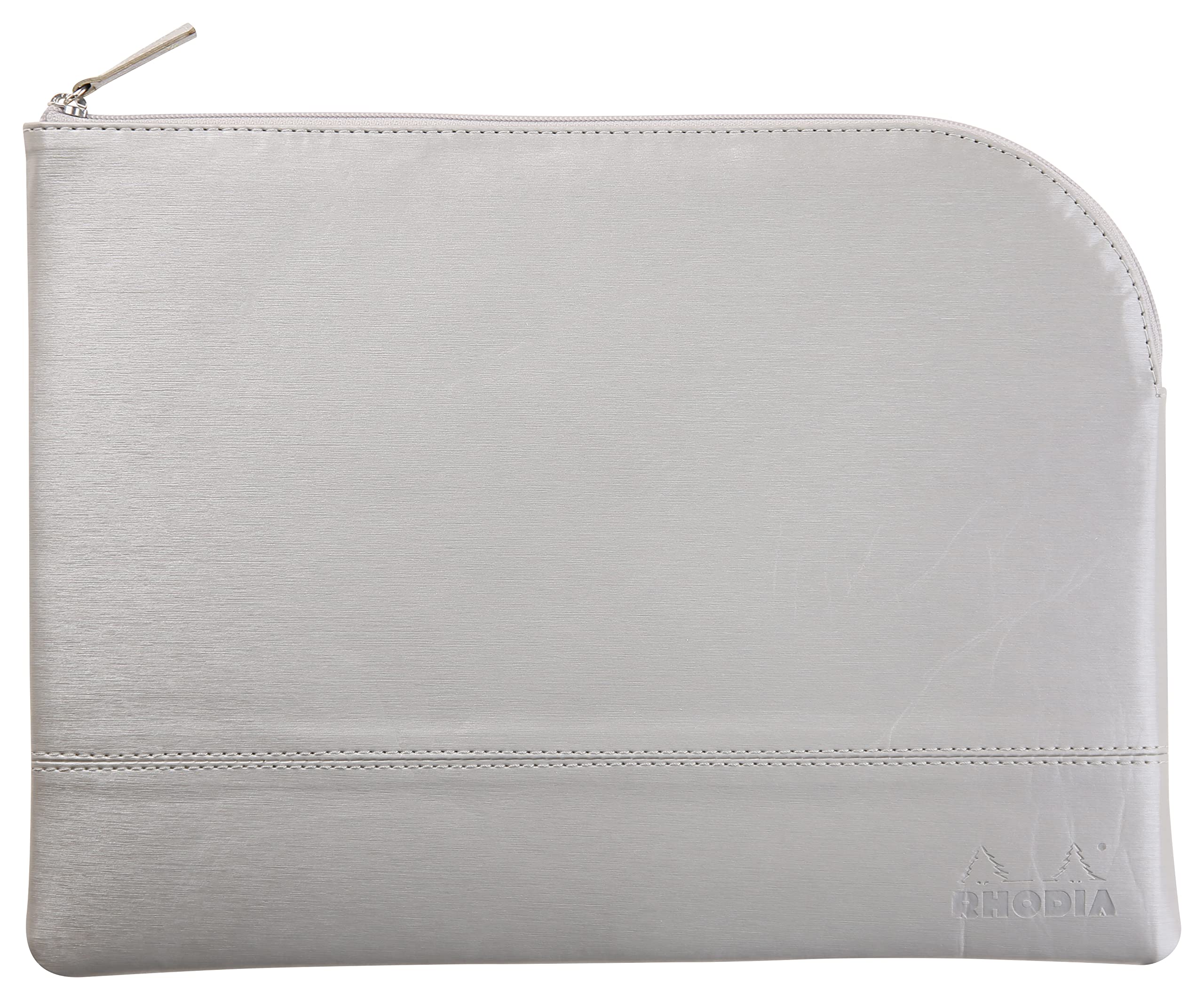 RHODIA 116721C - Leatherette Zippered Pouch - Silver - Size L (21 x 28 cm) - Genuine Stitching - Orange Fabric Interior - Storage for Documents, Small Supplies — image 1