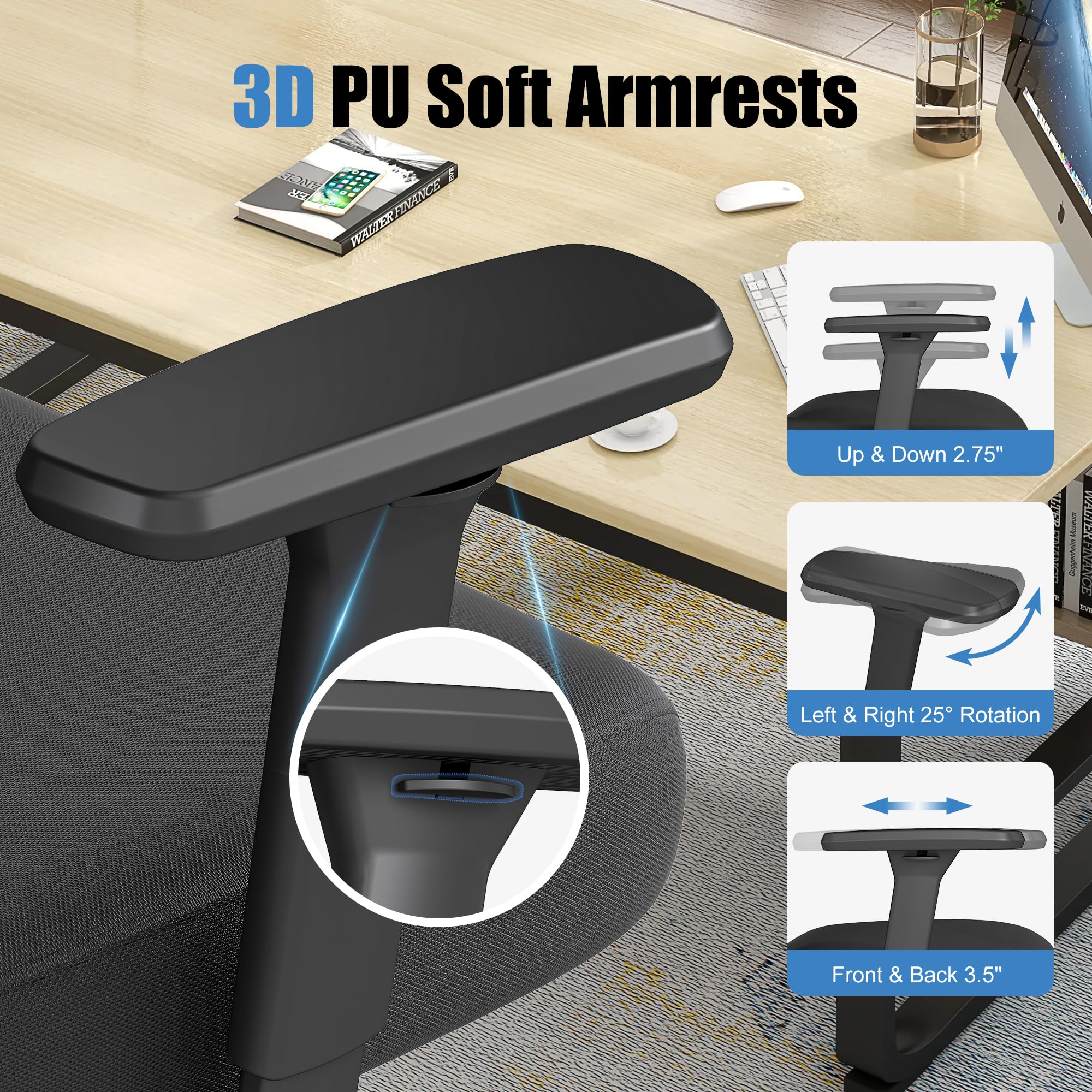 Ergonomic Office Chair with Adjustable Lumbar Support, 3D Arms and Headrest, High Back Wide Desk Computer Chair with Wheels, for Home & Office, Black - Image 6