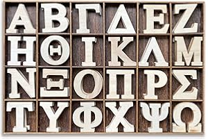 CREGUGUA 2 Inch 120 Pieces Wooden Greek Letters Bold Font Unfinished Wood Greek Alphabets with Rustic Tray for Large Paddles Embellishment/Sorority/Fraternity/DIY Project/Learning/Wall Decor