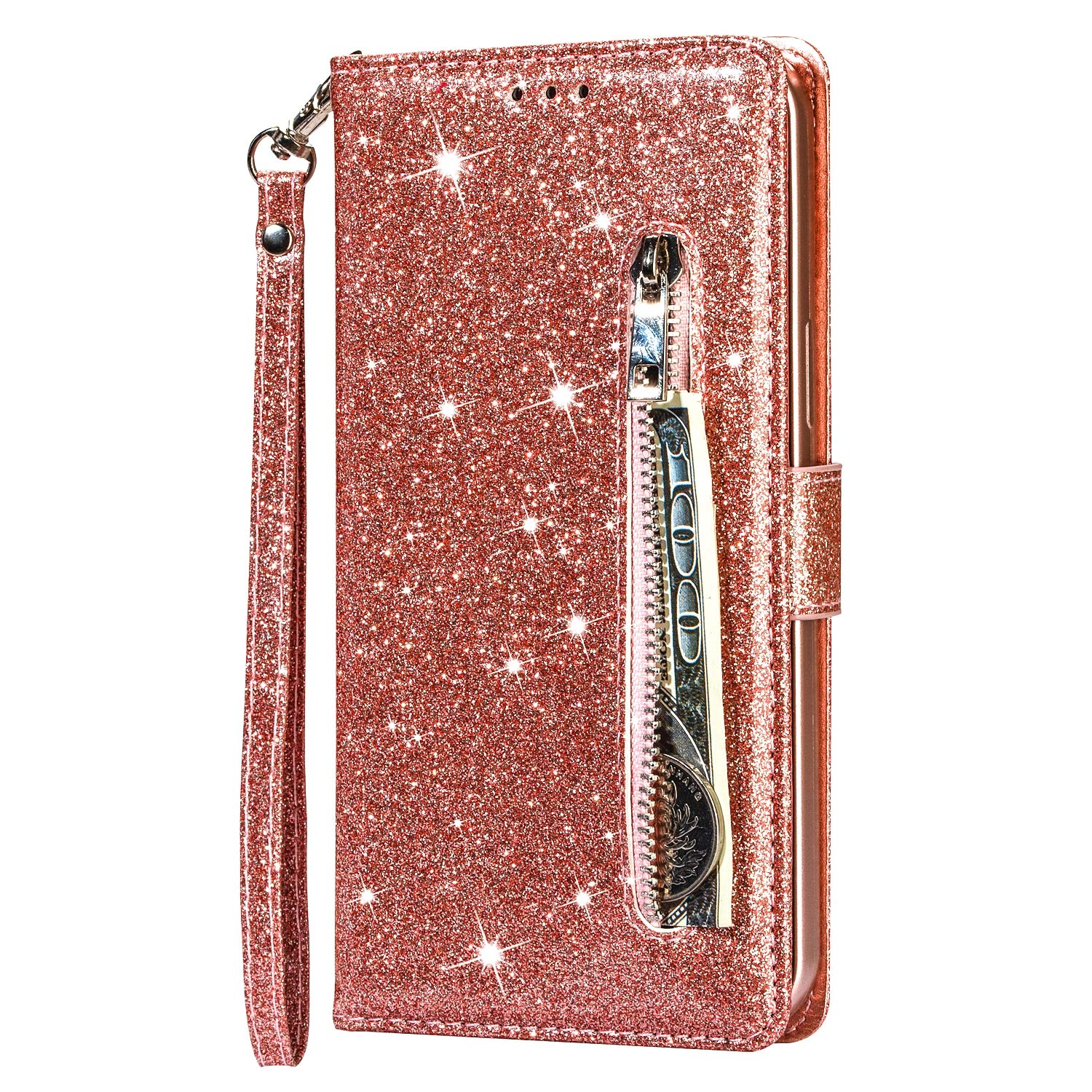 Samsung Galaxy A12/M12 Case Zipper Pocket, Samsung A12/M12 Wallet Phone Case Glitter Shockproof Leather Flip Case with Card Slots Stand TPU Bumper Protector Cover for Samsung A12/M12, Rose Gold