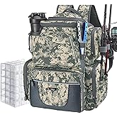Piscifun Fishing Backpack with 2 Rod Holders & 4 Tackle Boxes, Large Tackle Storage Bag With Rain Cover for Fishing Gear