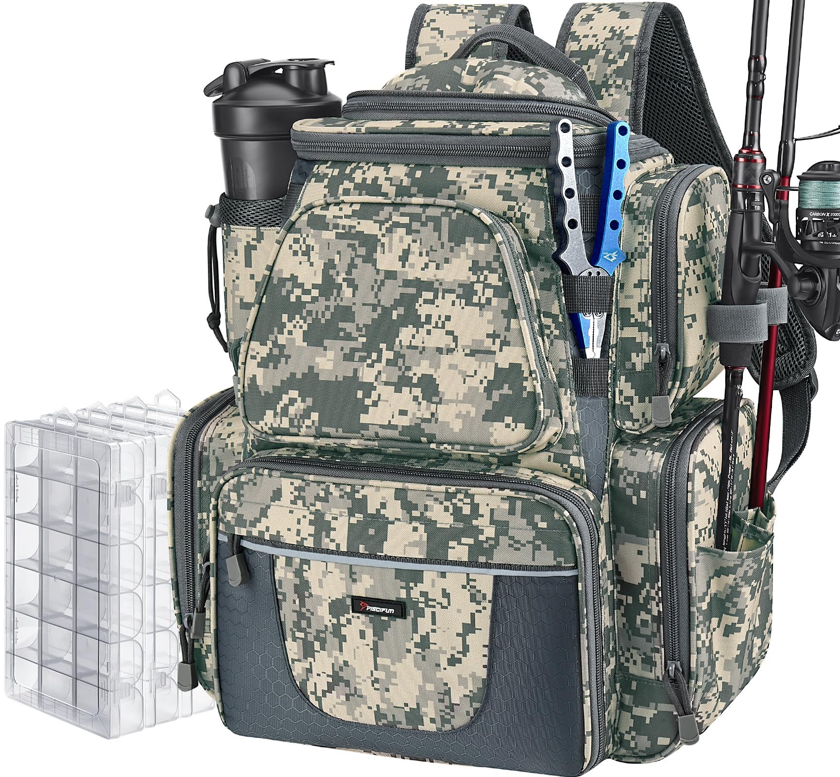 Photo 1 of Piscifun Fishing Backpack with 2 Rod Holders & 4 Tackle Boxes, Large Tackle Storage Bag With Rain Cover for Fishing Gear, Digital Camouflage