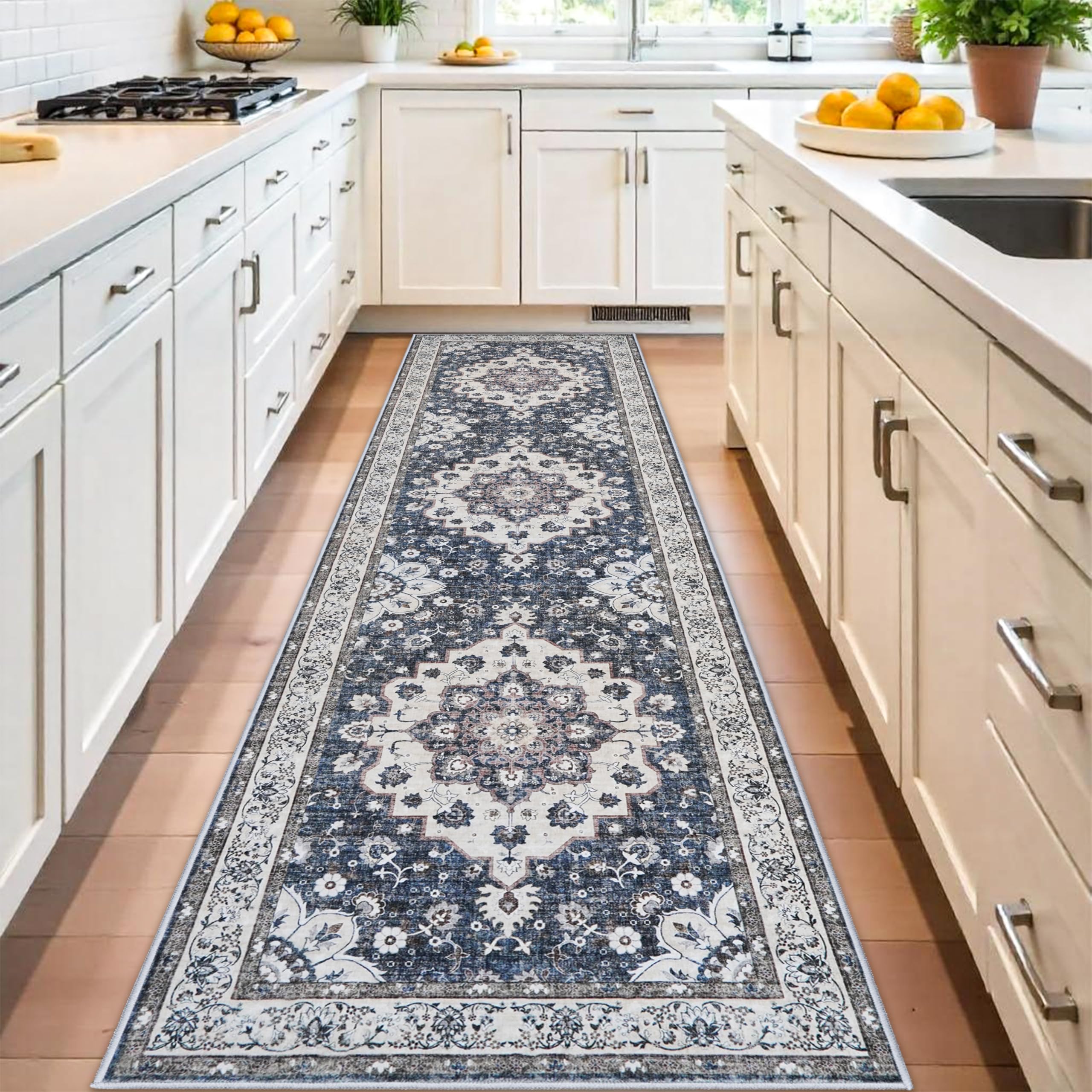 Photo 1 of 3x10 Washable Hallway Runner Rugs: Vintage Stain Resistant Rug for Kitchen Floral Living Room Bedroom Carpet with Non-Slip Backing Soft Low Pile Farmhouse Floor Mats for Entrance Laundry (3x10,Blue)