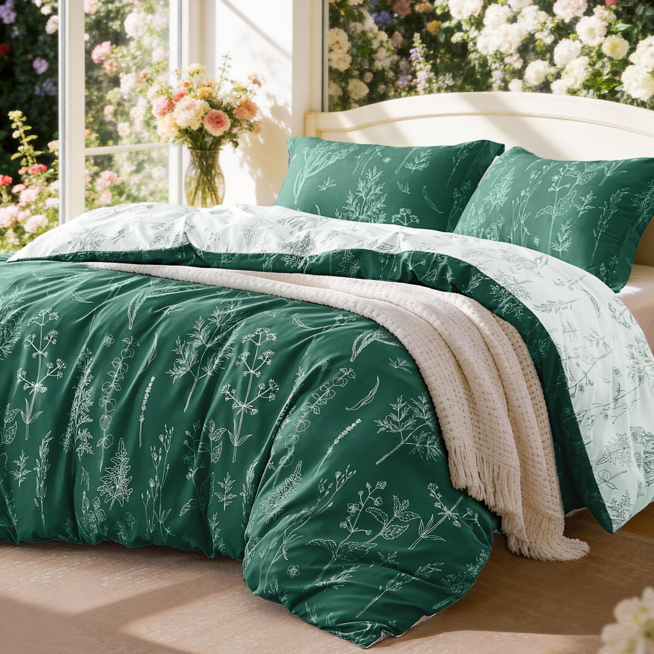 Love's cabin Emerald Comforter Set Queen - Queen Size Comforter Set, 3 Pieces Cute Floral Bedding Sets for All Seasons,1 Soft Reversible Botanical Flowers Comforter and 2 Pillow Shams