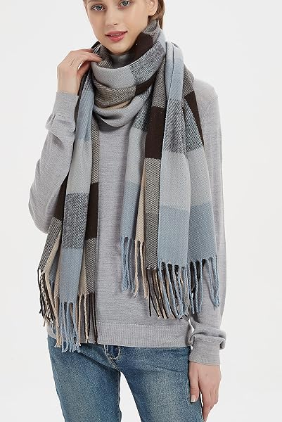 WANDER AGIO WOMENS FASHION LONG SHAWL BIG SCARVES GRID WINTER WARM LARGE PLAID SCARF BLUE BROWN 9