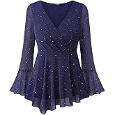 VALOLIA Women Long Sleeve Sparkly Tops V Neck Blouses Dressy Elegant Party Wrap Top