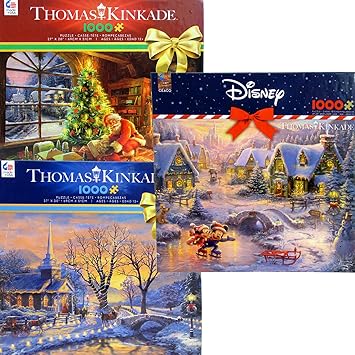 NEW - Thomas Kinkade 2017 Holiday Collection 1000 Piece Jigsaw Puzzle Gift Set (3 Puzzles) 3328-33-34-35 Thomas Kinkade Holiday Classics Fully Decorated 4ft PreLit PullUp Chri