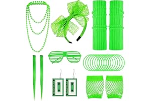 YiiHHooN 80s Costume Accessories, 12 Pcs Green 80s Outfits Women with Neon Leg Warmers Headband Necklace Earrings Glasses