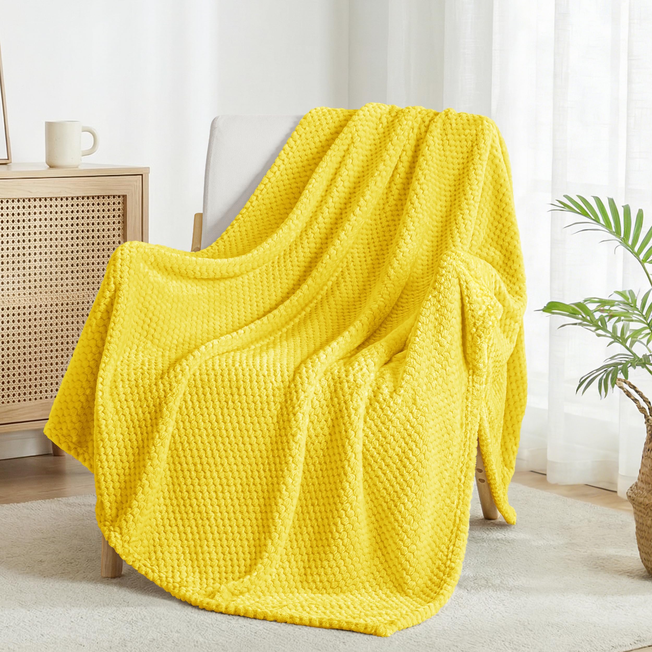 Exclusivo Mezcla Fleece Throw Blanket Extra Large, Super Soft and Warm Blankets for Couch, Sofa and Bed Waffle Textured, Cozy, Fuzzy and Lightweight, Vibrant Yellow, 127x178 CM โ image 1