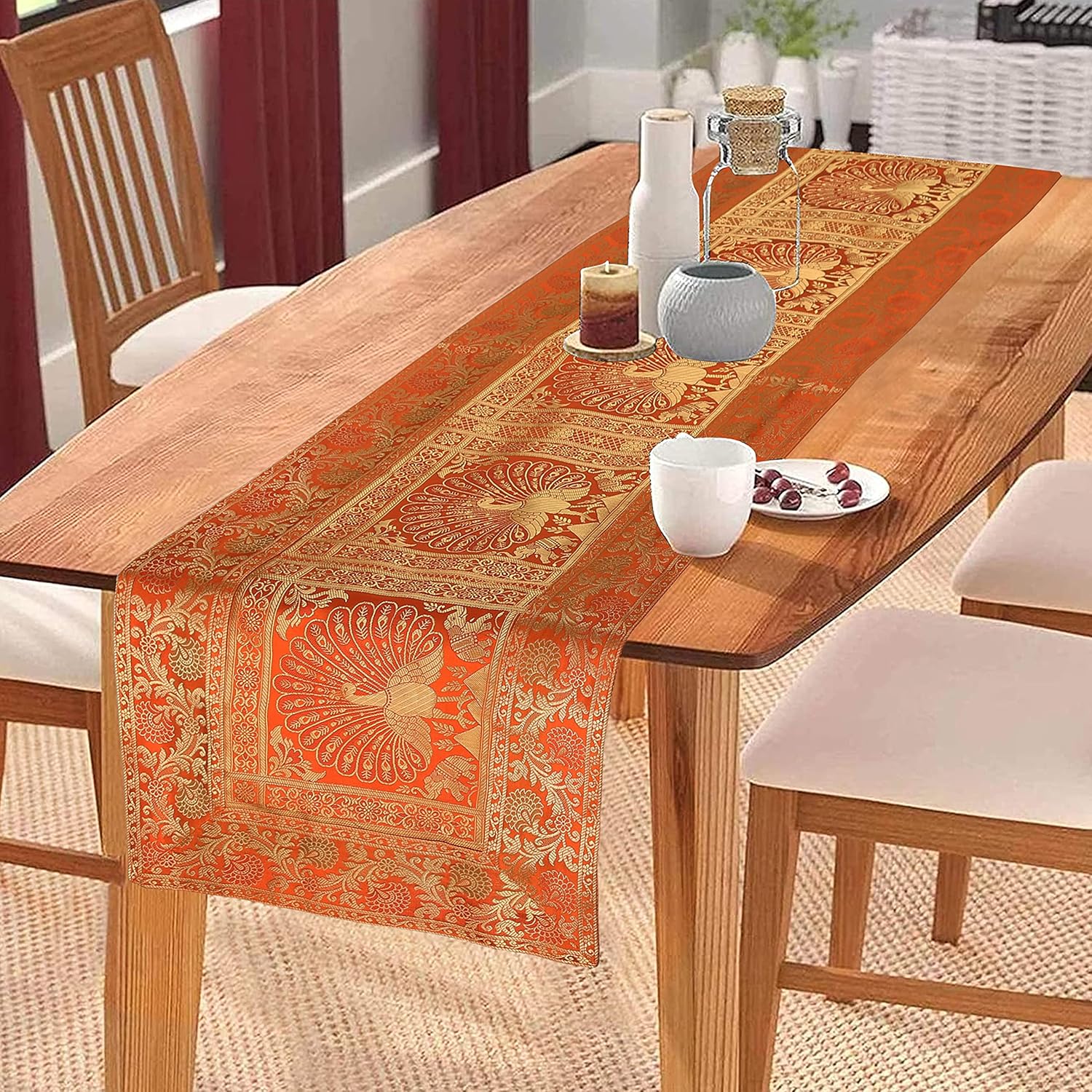 Buy EEZRA Banarsi Brocade Jacquard & Satin Center Table Runner Orange