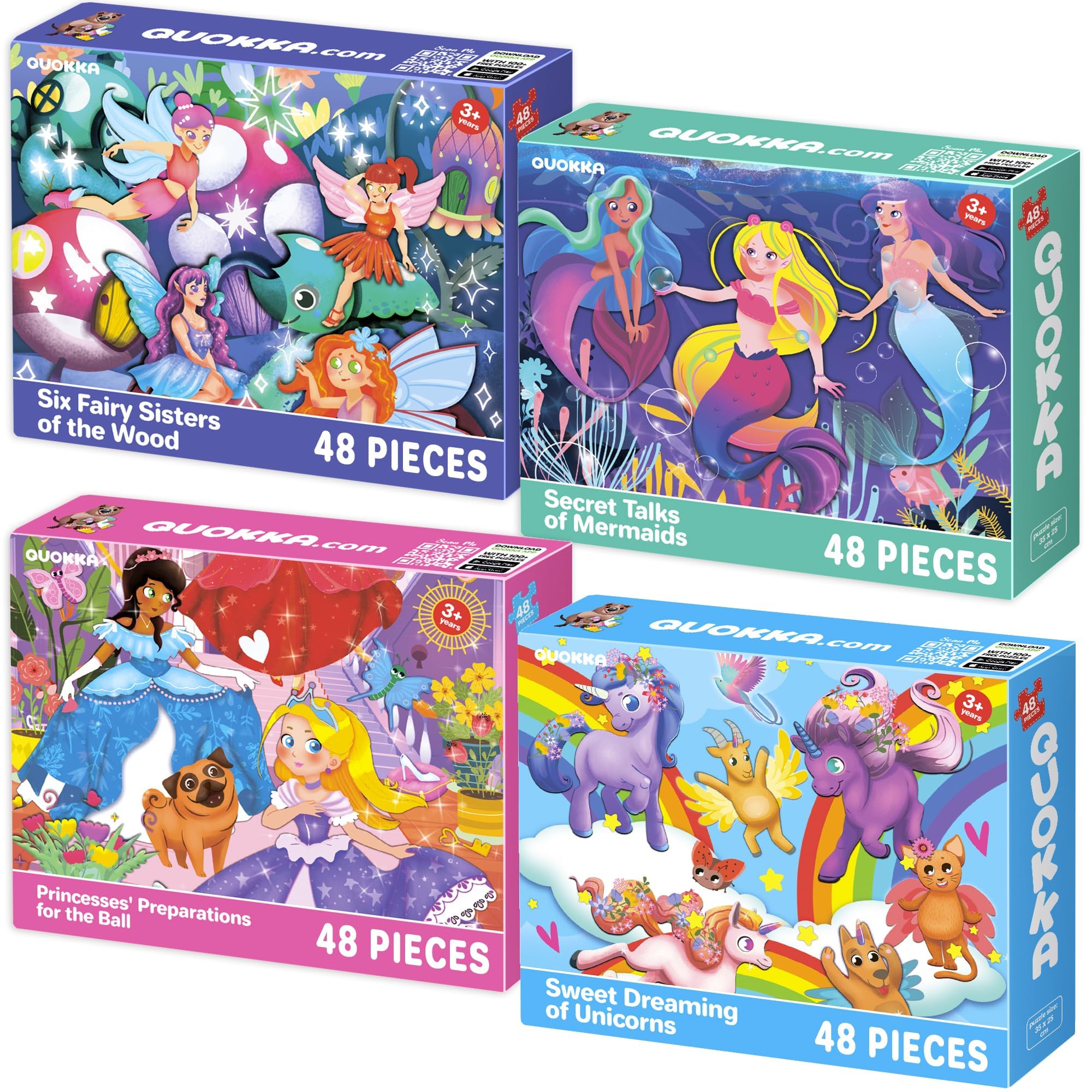 QUOKKA Jigsaw Puzzles For Kids 3-4 Year Olds - 4x48 Pieces Jigsaws For Children Age 4-5 - Puzzle Toys For Learning Mermaid, Princesses, Unicorns - Game Gifts For Boys & Girls 6 7 8