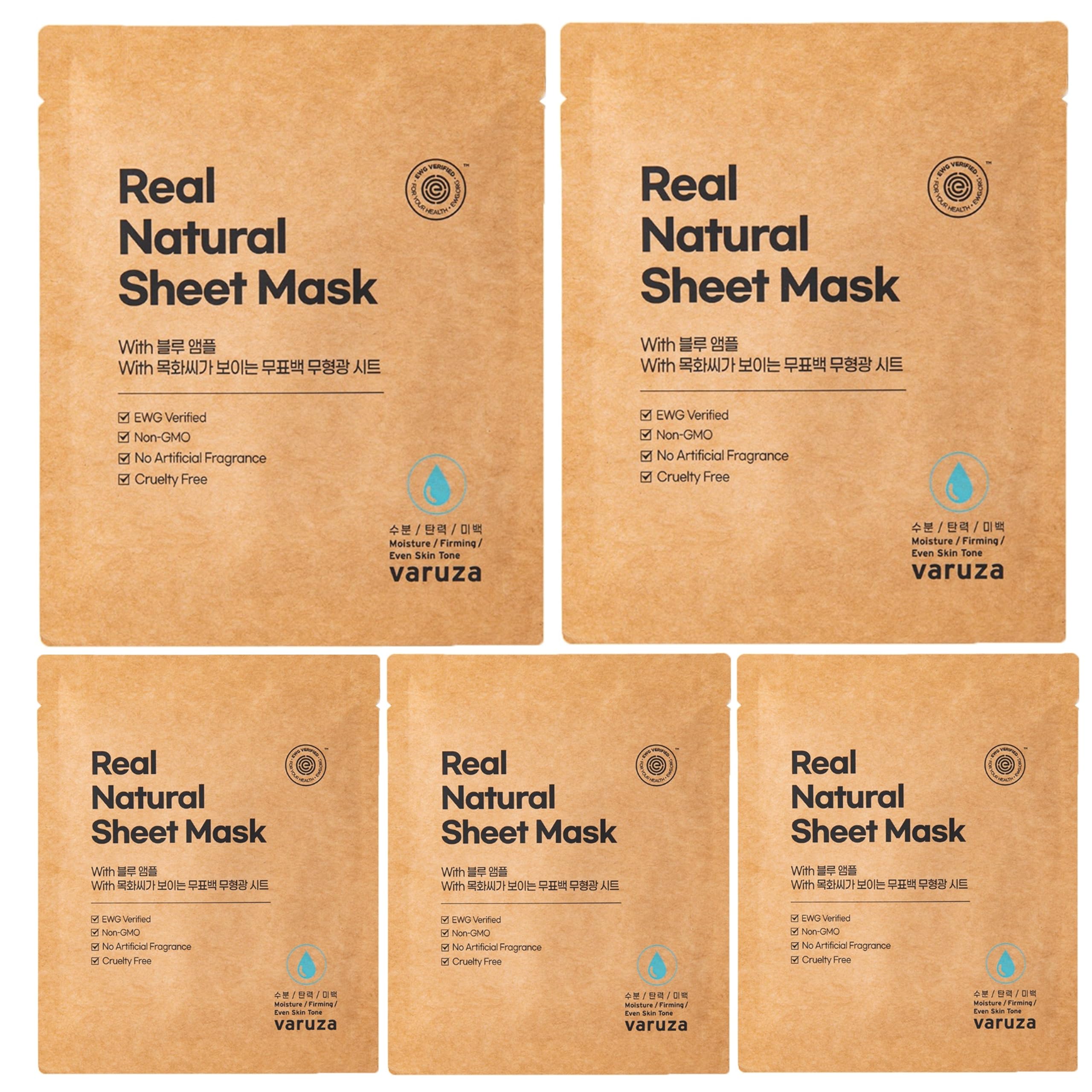 [varuza] Real Natural Sheet Mask – EWG VERIFIED, Vegan Face Mask for Hydration & Skin Balance, Biodegradable Sheet, Clean Beauty Skincare (BLUE AMPOULE [5 PACK])