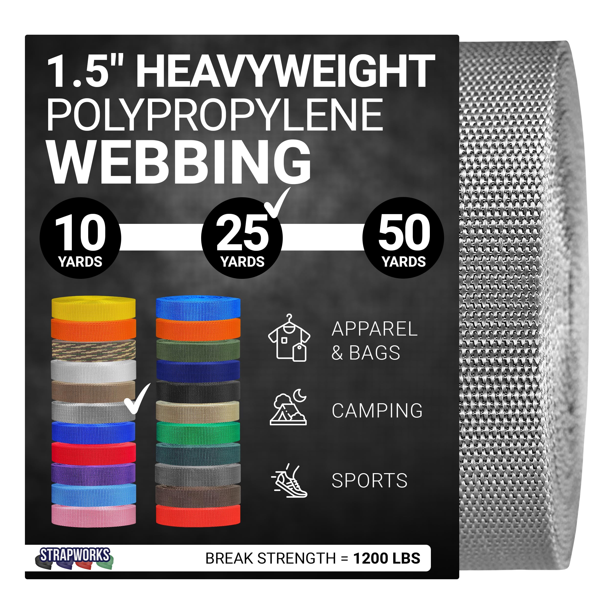 Strapworks Heavyweight Polypropylene Webbing - Heavy Duty Poly Strapping for Outdoor DIY Gear Repair, 1.5 Inch x 25 Yards, Silver Gray