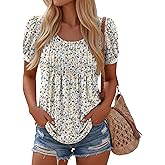 Ficerd Women's Puff Short Sleeve Tunic Tops Pleated Crew Neck Summer Blouses Dressy Casual Loose T Shirts