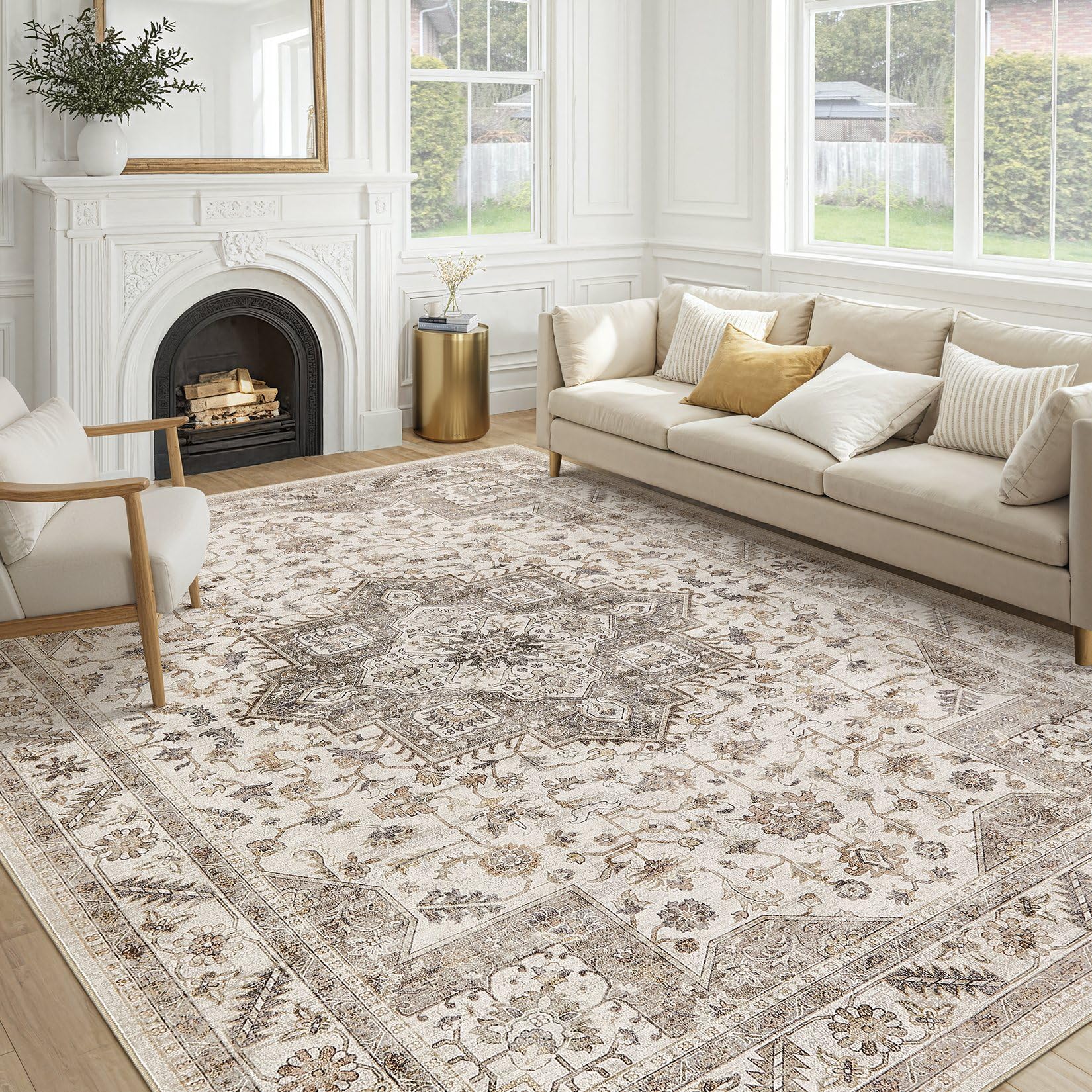 Photo 1 of Vintage Living Room Area Rug 5x7 - Large Soft Washable Oriental Traditional Distressed Farmhouse Rugs for Bedroom - Indoor Floor Accent Carpet for Home Office House Decor - Light Brown